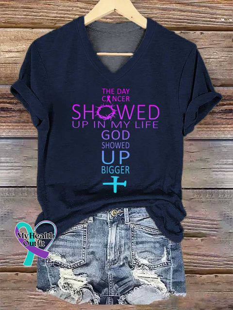 Women’s THE DAY CANCER SHOWED UP IN MY LIFE GOD SHOWED UP BIGGER V-neck Casual T-Shirt Blue / S