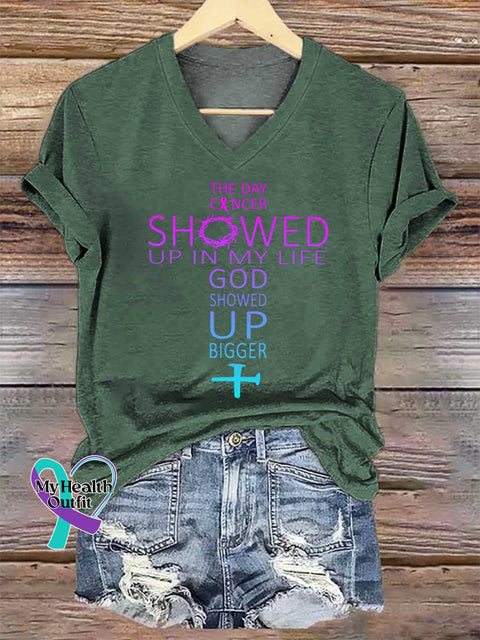 Women’s THE DAY CANCER SHOWED UP IN MY LIFE GOD SHOWED UP BIGGER V-neck Casual T-Shirt Green / S