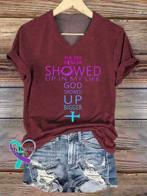 Women’s THE DAY CANCER SHOWED UP IN MY LIFE GOD SHOWED UP BIGGER V-neck Casual T-Shirt Red / S