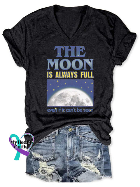 Women’s The Moon Is Always Full Even If It Can’t Be Seen Art V neck Casual T Shirt Black / S