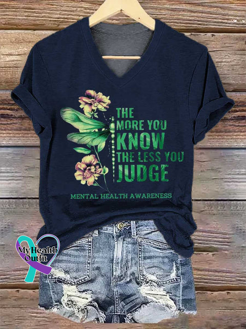 Women’s THE MORE YOU KNOW THE LESS YOU JUDGE MENTAL HEALTH AWARENESS V-neck Casual T-Shirt Blue / S
