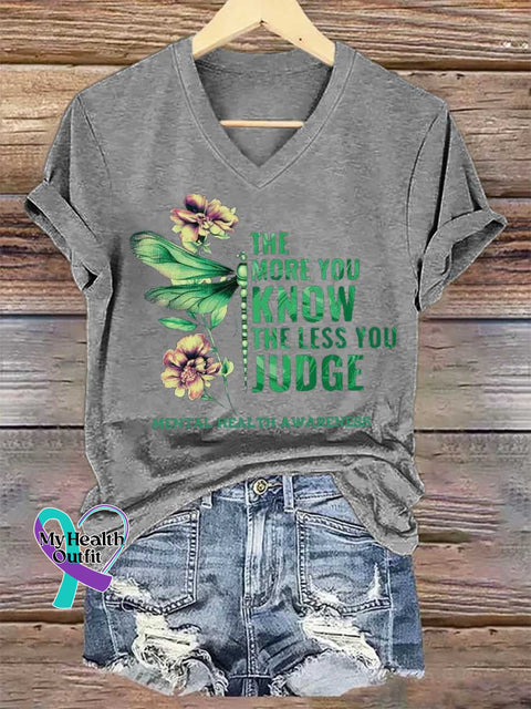 Women’s THE MORE YOU KNOW THE LESS YOU JUDGE MENTAL HEALTH AWARENESS V-neck Casual T-Shirt Grey / S