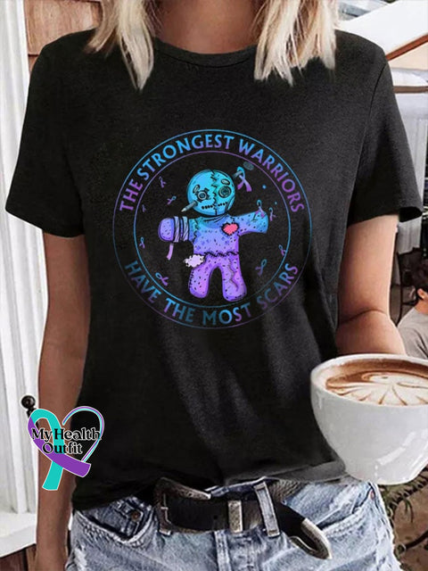 Women’s The Strongest Warriors Have Most Scars Suicide Awareness Casual Print T-Shirt Black / S