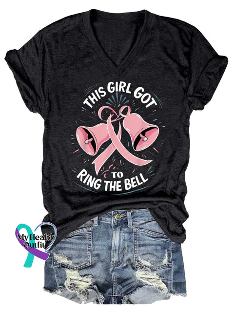 Women’s This Girl Got To Ring The Bell Breast Cancer Awareness V-neck Casual T-Shirt Black / S