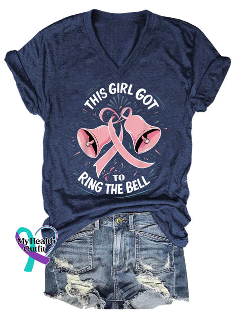 Women’s This Girl Got To Ring The Bell Breast Cancer Awareness V-neck Casual T-Shirt Blue / S