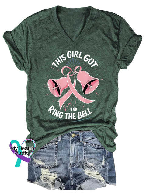 Women’s This Girl Got To Ring The Bell Breast Cancer Awareness V-neck Casual T-Shirt Green / S