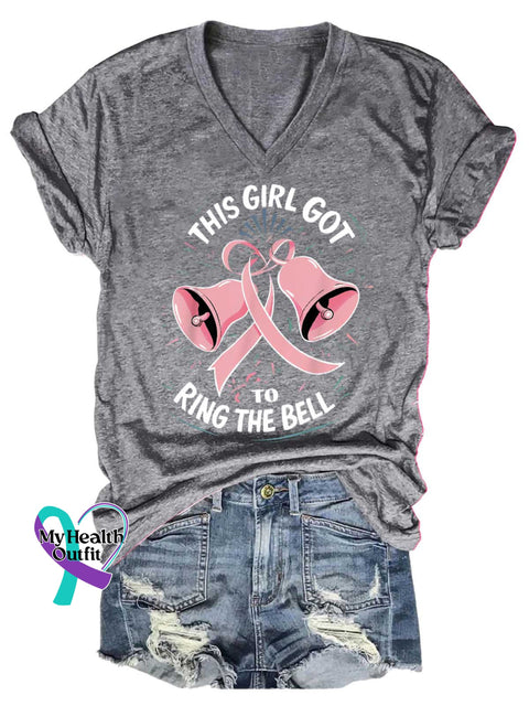 Women’s This Girl Got To Ring The Bell Breast Cancer Awareness V-neck Casual T-Shirt Grey / S
