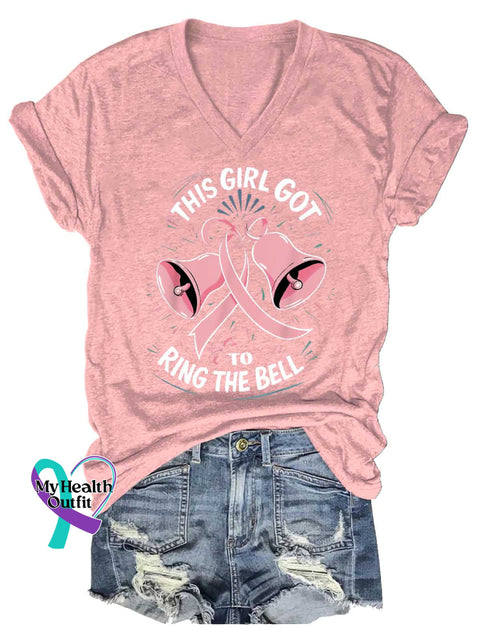 Women’s This Girl Got To Ring The Bell Breast Cancer Awareness V-neck Casual T-Shirt LightPink / S