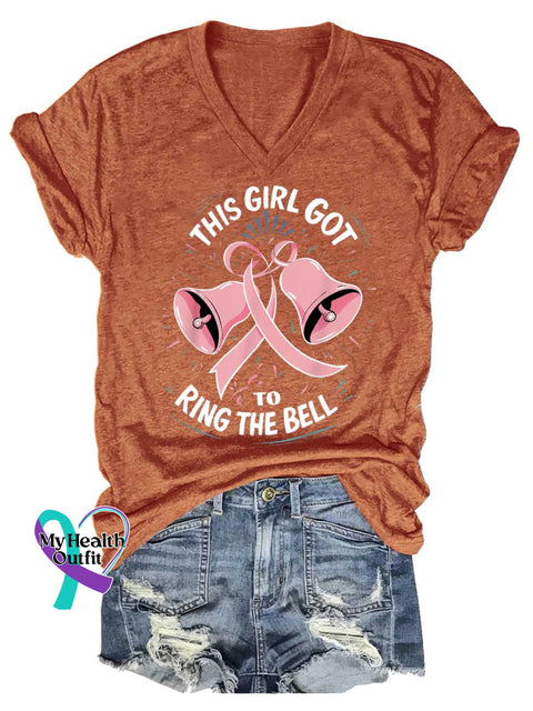 Women’s This Girl Got To Ring The Bell Breast Cancer Awareness V-neck Casual T-Shirt Orange / S