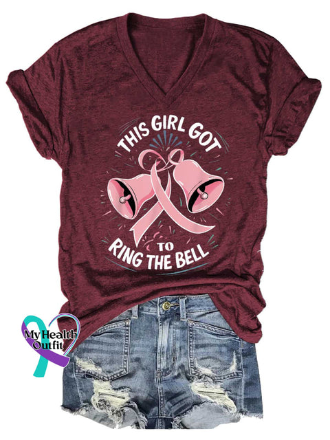 Women’s This Girl Got To Ring The Bell Breast Cancer Awareness V-neck Casual T-Shirt Red / S