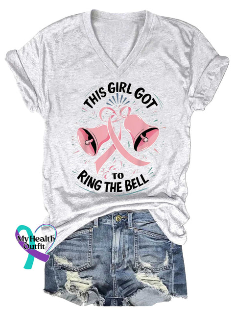 Women’s This Girl Got To Ring The Bell Breast Cancer Awareness V-neck Casual T-Shirt White / S