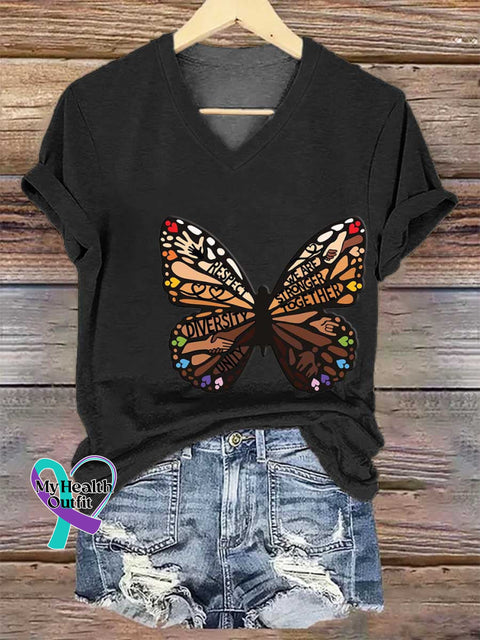 Women’s This Is Us Shades of Diversity Butterfly V-neck Casual T-Shirt Black / S