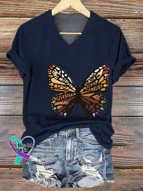 Women’s This Is Us Shades of Diversity Butterfly V-neck Casual T-Shirt Blue / S