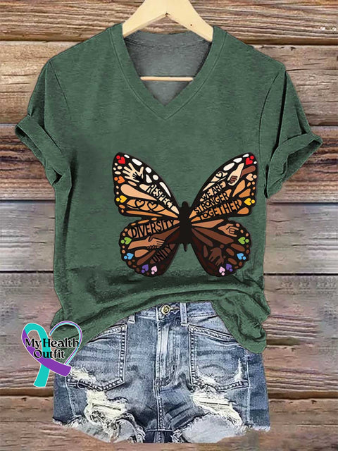 Women’s This Is Us Shades of Diversity Butterfly V-neck Casual T-Shirt Green / S