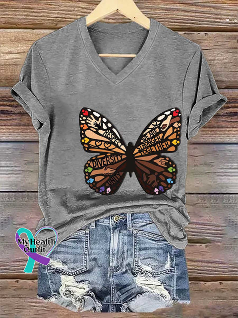 Women’s This Is Us Shades of Diversity Butterfly V-neck Casual T-Shirt Grey / S