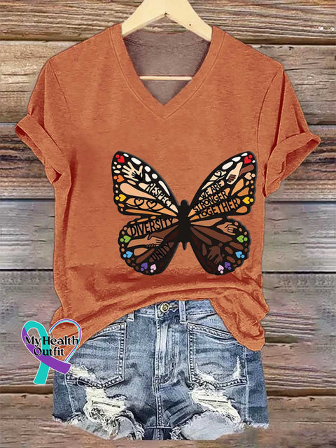 Women’s This Is Us Shades of Diversity Butterfly V-neck Casual T-Shirt Orange / S