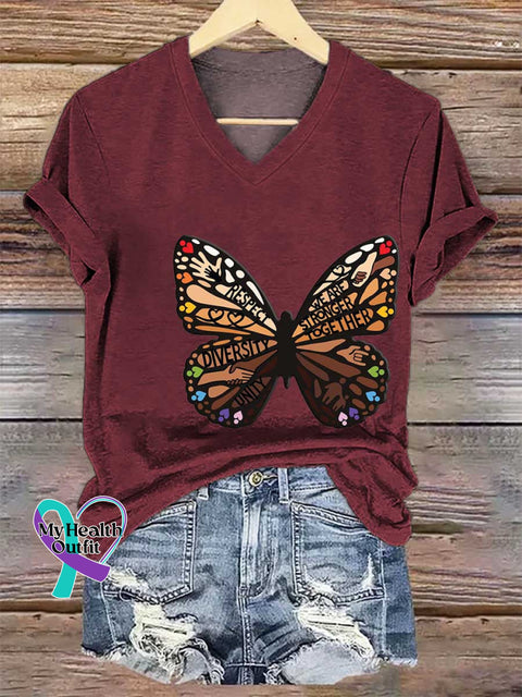 Women’s This Is Us Shades of Diversity Butterfly V-neck Casual T-Shirt Red / S