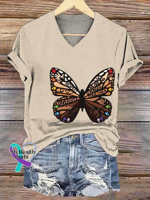 Women’s This Is Us Shades of Diversity Butterfly V-neck Casual T-Shirt Sand / S