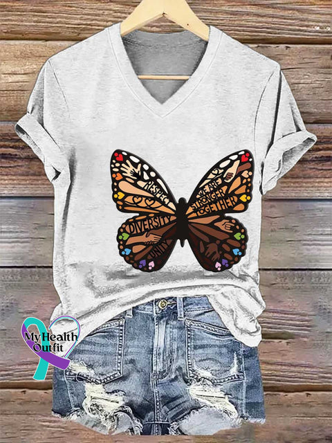 Women’s This Is Us Shades of Diversity Butterfly V-neck Casual T-Shirt White / S