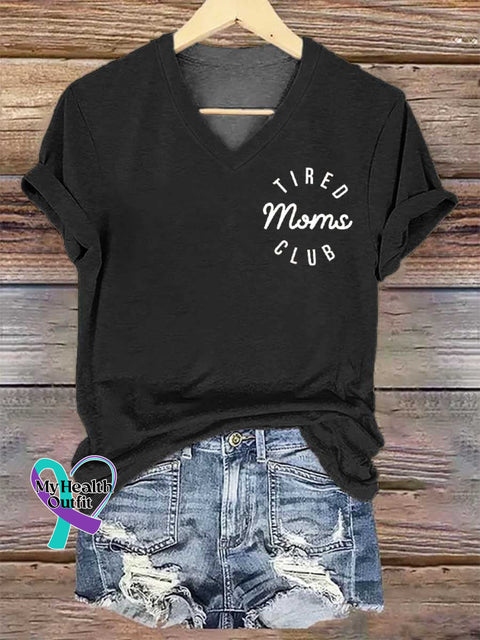 Women’s TIRED Moms CLUB V-neck Casual T-Shirt Black / S