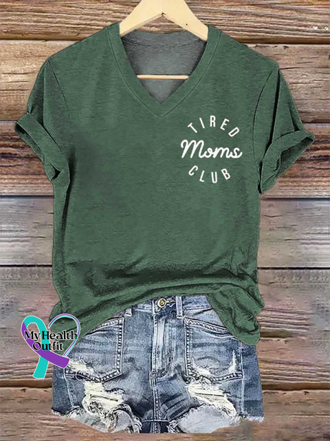 Women’s TIRED Moms CLUB V-neck Casual T-Shirt Green / S