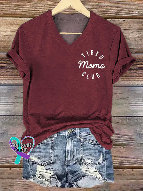 Women’s TIRED Moms CLUB V-neck Casual T-Shirt Red / S
