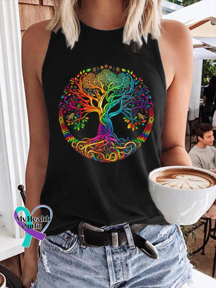 Women’s Tree Of Life Peace Sign Hippie Print Tank Top Black / S
