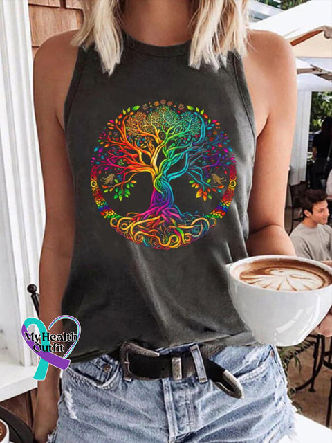 Women’s Tree Of Life Peace Sign Hippie Print Tank Top Dark Grey / S