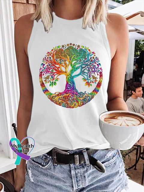 Women’s Tree Of Life Peace Sign Hippie Print Tank Top White / S