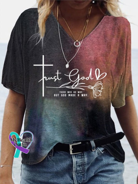 Women’s Trust God Print Casual T-Shirt Picture 1 / S