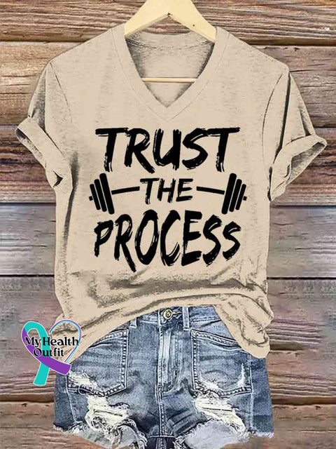 Women’s Trust The Process Art V-neck Casual T-Shirt Apricot / S