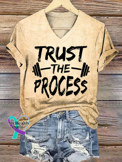Women’s Trust The Process Art V-neck Casual T-Shirt Khaki / S
