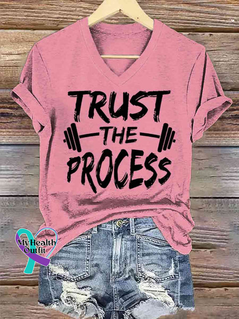 Women’s Trust The Process Art V-neck Casual T-Shirt Pink / S