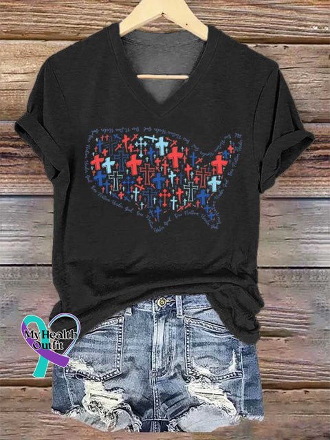 Women’s USA Map Patriotic Faith V-neck Casual T-Shirt Black / S