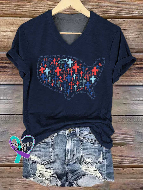 Women’s USA Map Patriotic Faith V-neck Casual T-Shirt Blue / S
