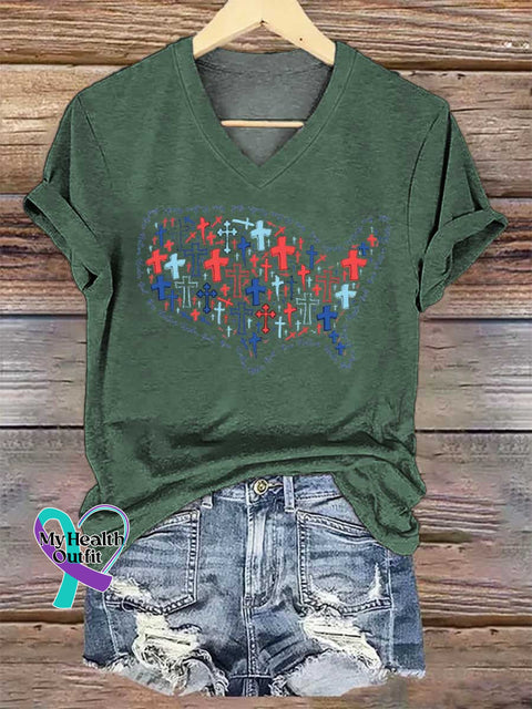 Women’s USA Map Patriotic Faith V-neck Casual T-Shirt Green / S