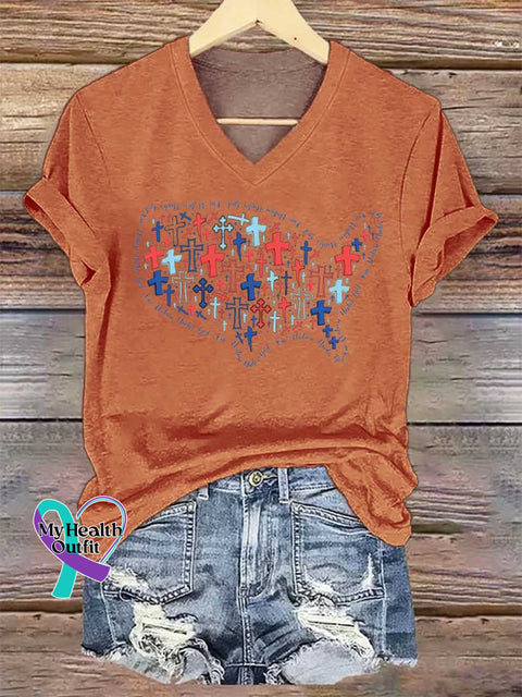 Women’s USA Map Patriotic Faith V-neck Casual T-Shirt Orange / S