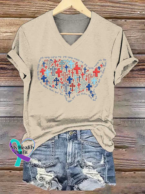 Women’s USA Map Patriotic Faith V-neck Casual T-Shirt Sand / S