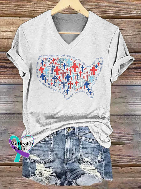 Women’s USA Map Patriotic Faith V-neck Casual T-Shirt White / S