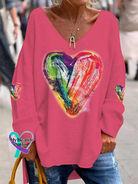 Women’s Valentine‘s Day Love Heart Print Casual V-Neck Top Fuchsia / S