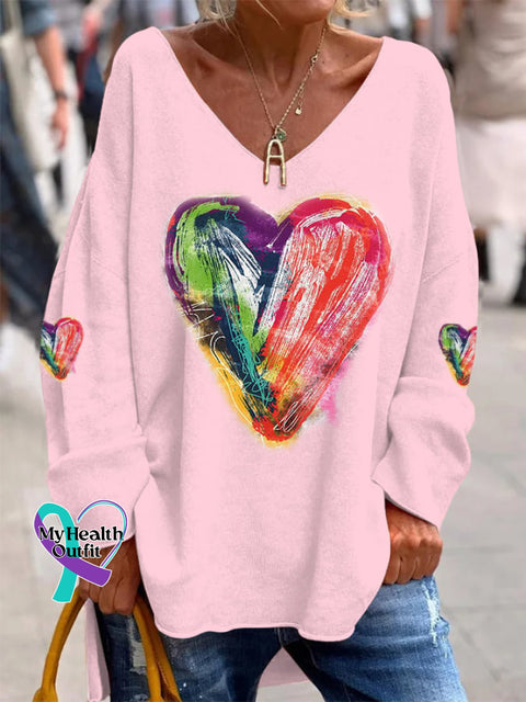 Women’s Valentine‘s Day Love Heart Print Casual V-Neck Top Pink / S