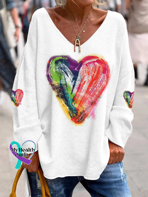 Women’s Valentine‘s Day Love Heart Print Casual V-Neck Top White / S