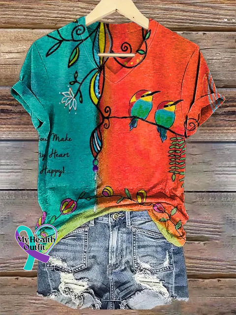 Women’s Vintage Floral Peace And Love Art Print V-neck Casual T-Shirt Multicolor / S