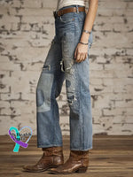 Women’s Vintage Pattern Art Print Casual Cotton Denim Jeans