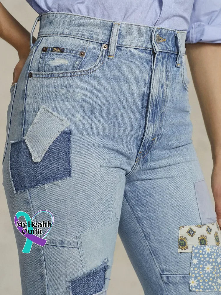 Women’s Vintage Pattern Art Print Casual Cotton Denim Jeans