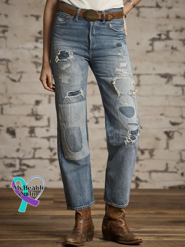 Women’s Vintage Pattern Art Print Casual Cotton Denim Jeans Blue / S