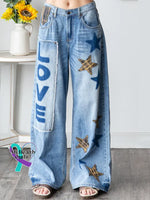 Women’s Vintage Pattern Art Print Casual Cotton Denim Jeans Blue / S