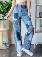 Women’s Vintage Pattern Art Print Casual Cotton Denim Jeans Blue / S