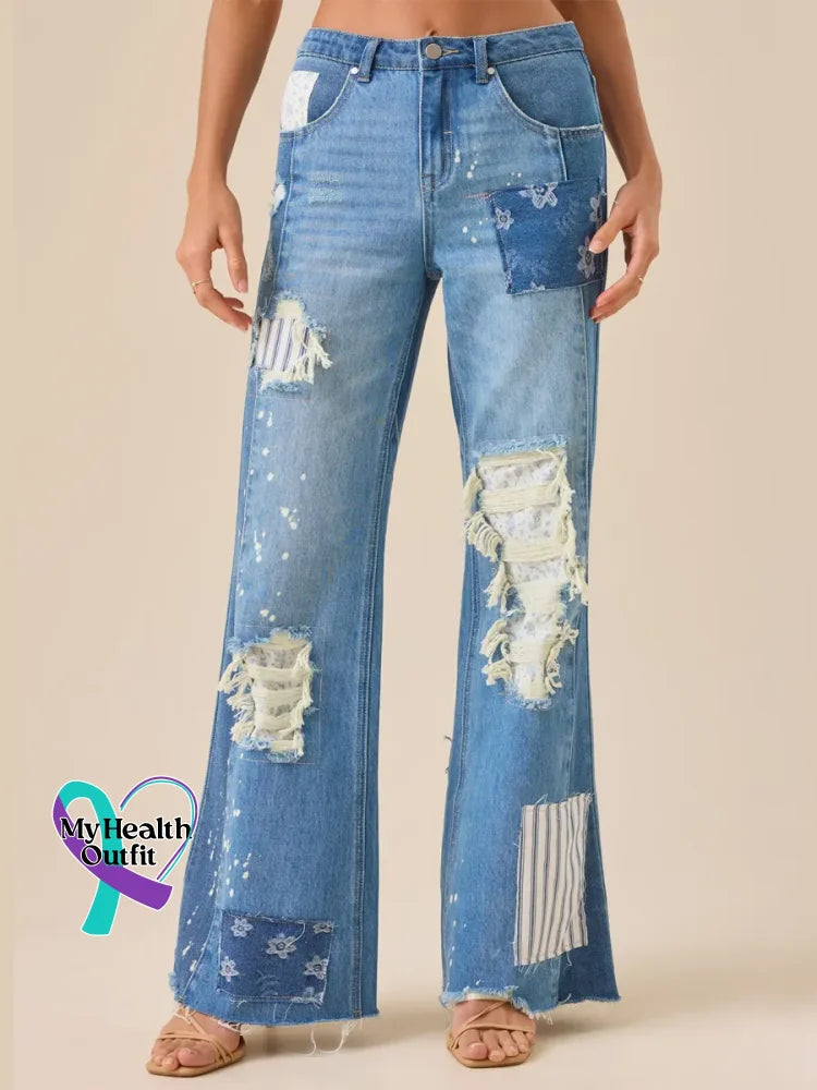 Women’s Vintage Pattern Art Print Casual Cotton Denim Jeans Blue / S