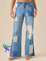 Women’s Vintage Pattern Art Print Casual Cotton Denim Jeans Blue / S